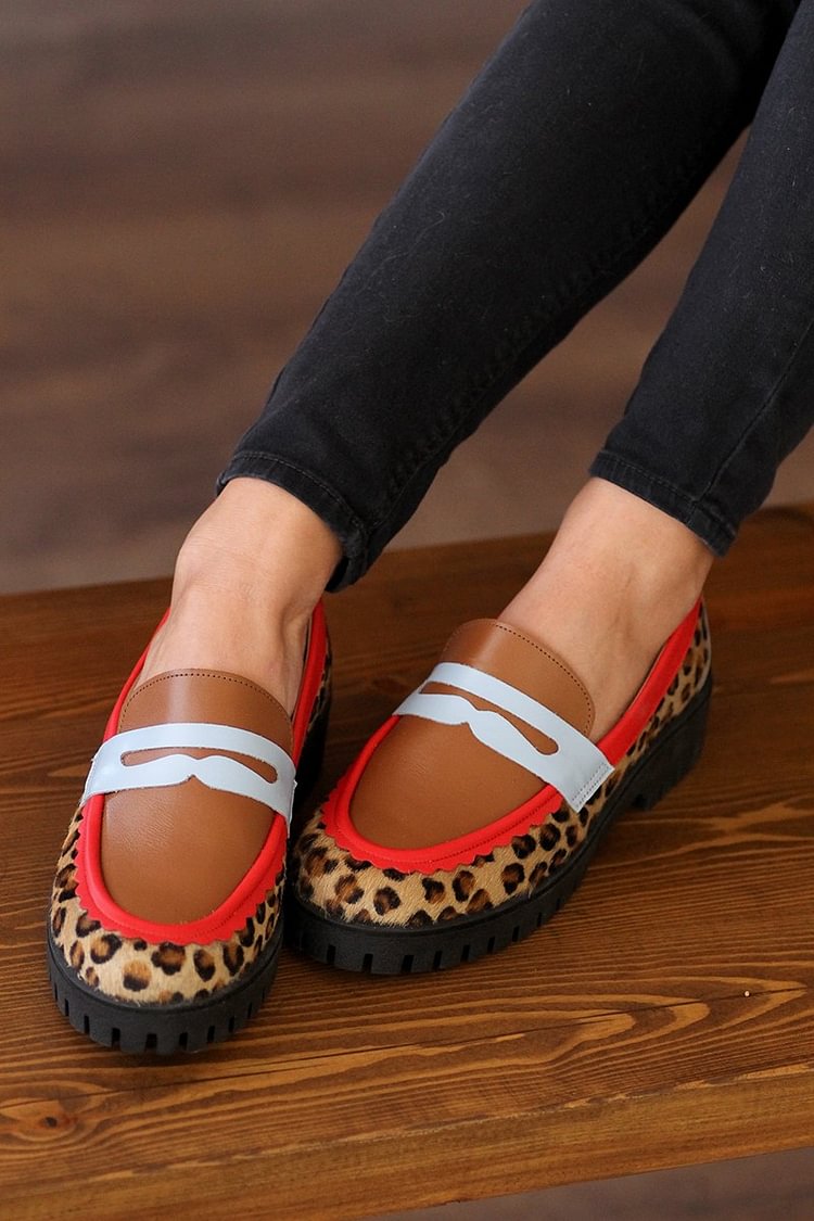 Colorblock Leopard Print Round Toe Brown Loafers [Pre Order]