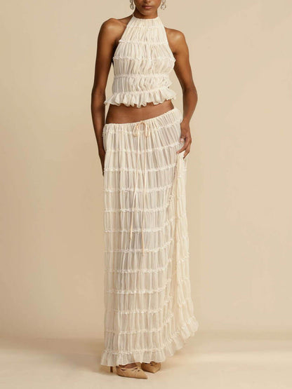 Charm Pleated Drawstring Waist Tiered Maxi Skirt