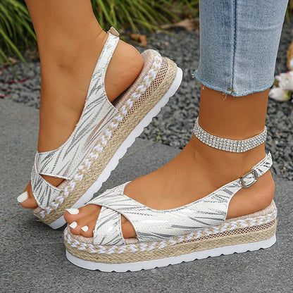 Bronzing Cross Slingback Strap Buckle Peep Toe Espadrille Platform Sandals