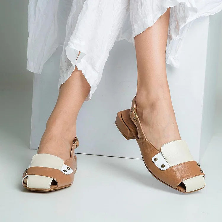 Colorblock Slingback Square Toe Brown Low Heels [Pre Order]