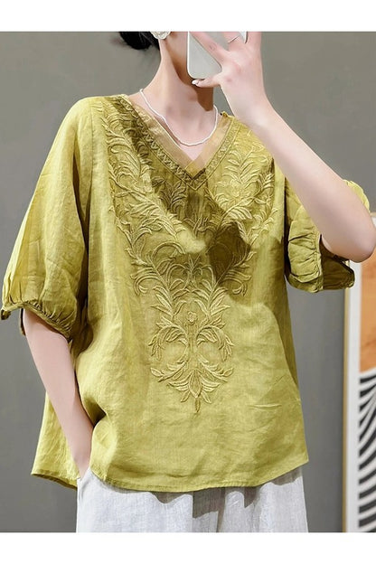 Floral Embroidery V-neck Loose Casual Shirt