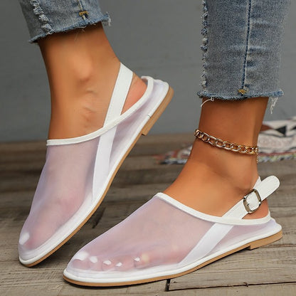 See Through Mesh Slingback Strap Buckle Round Toe Casual Flats