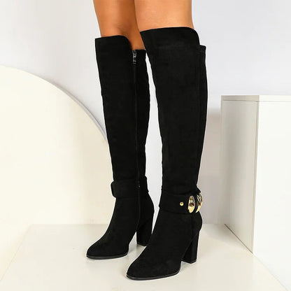 Irregular Metal Decor Pointed Toe Chunky Heel Zipper Knee High Boots