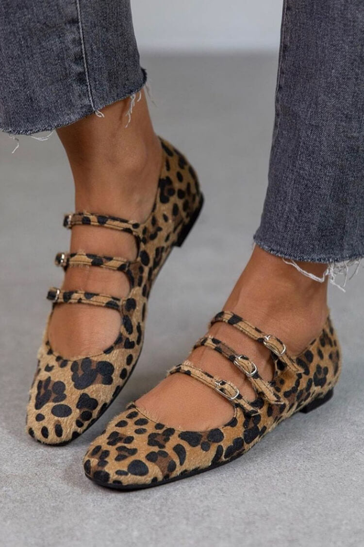 Leopard Print Triple Buckle Mary Jane Flats