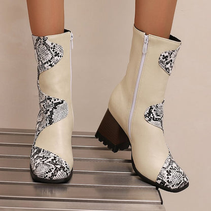 Snake Print Patchwork Square Toe Chunky Heel Mid Calf Boots