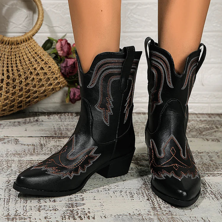 Embroidery Patchwork Pointed Toe Chunky Heel Mid Calf Boots