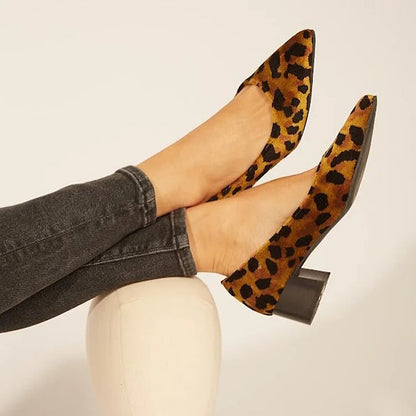 Animal Print Pointed Toe Brown Chunky Heels [Pre Order]