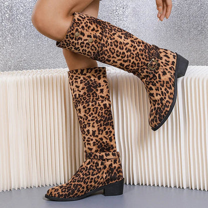 Leopard Print Round Toe Strap Buckle Chunky Heel Knee High Boots