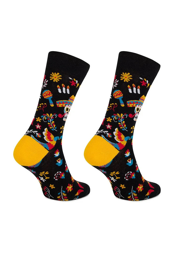 Halloween Multicolor Skeleton Skull Floral Pattern Mid Calf Socks