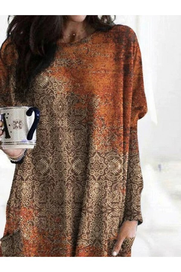 Ethnic Abstract Art Print Crew Neck Pockets Casual Blouse