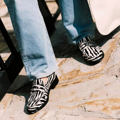 Round Toe Zebra Print Patchwork White Leather Loafers [Pre Order]