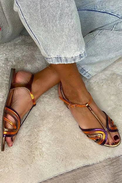 Multicolor Peep Toe T-Strap Buckle Gold Sandals