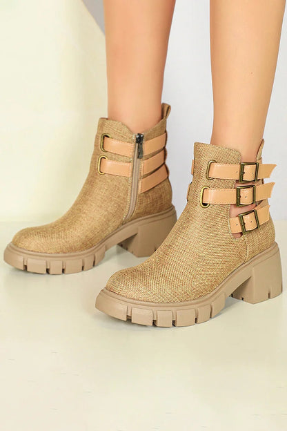 Multi Straps Buckles Zipper Round Toe Chunky Heel Ankle Boots