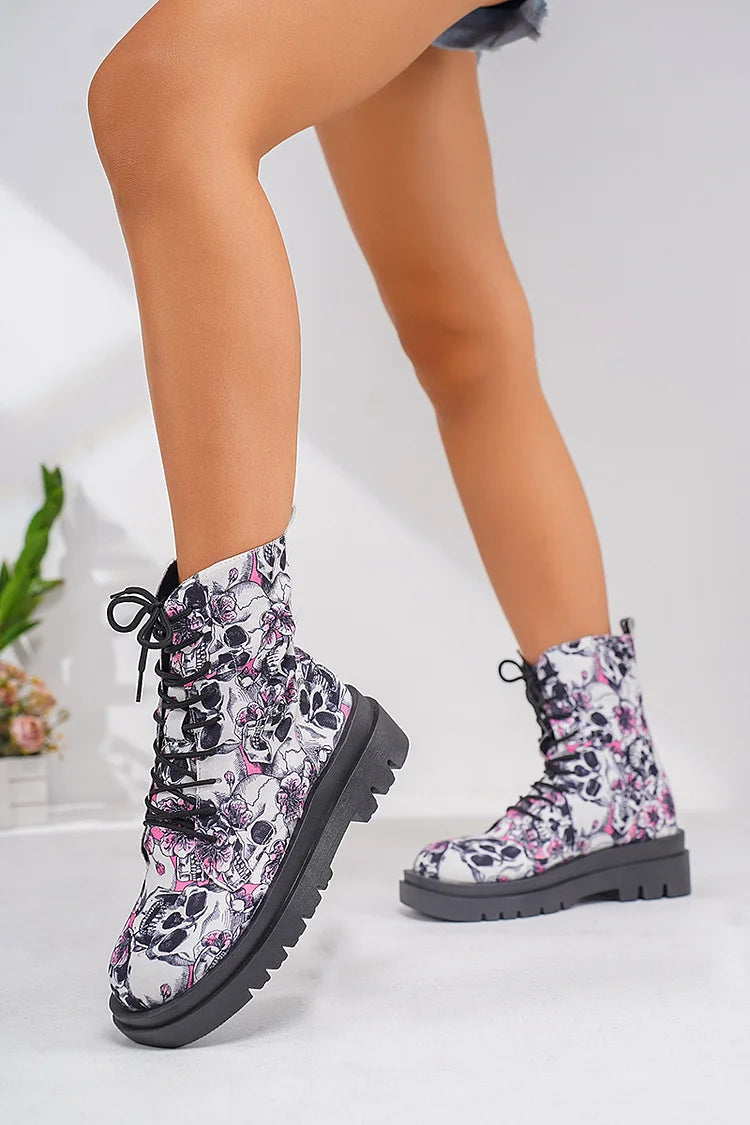 Flower Skull Print Round Toe Casual Lace Up Ankle Boots