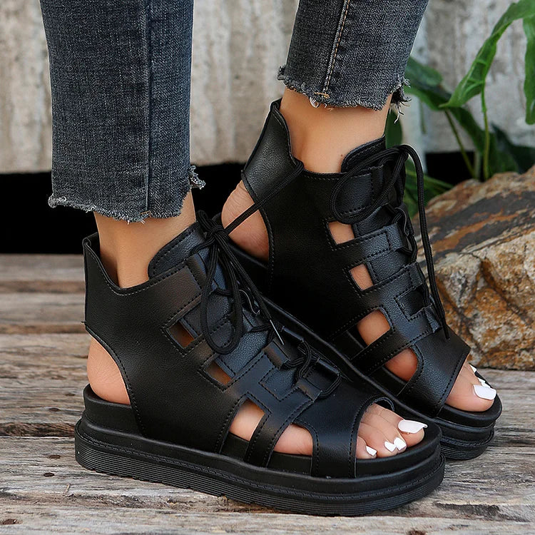 Casual Hollowed Lace Up Peep Toe Muffin Sandals