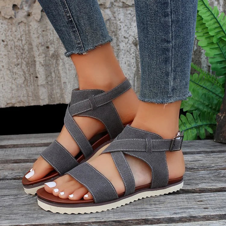 Quilted Canvas Cross Strappy Buckle Round Toe Sandals