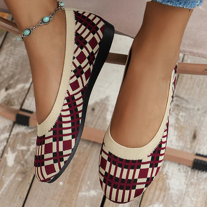 Color Matching Geo Plaid Print Round Toe Slip On Casual Lightweight Flats