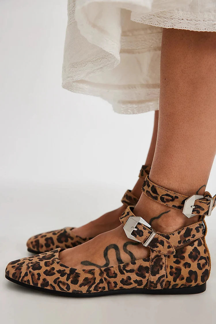 Ankle Strap Buckle Leopard Print Brown Flats [Pre Order]