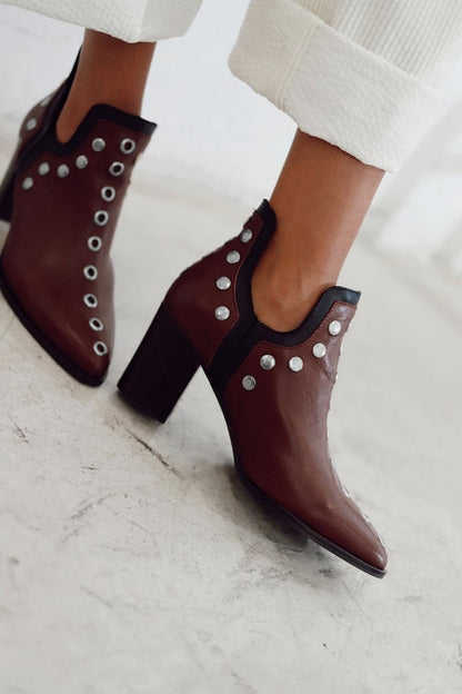 Metal Decor Pointy Toe Chunky Heel Dark Brown Ankle Boots