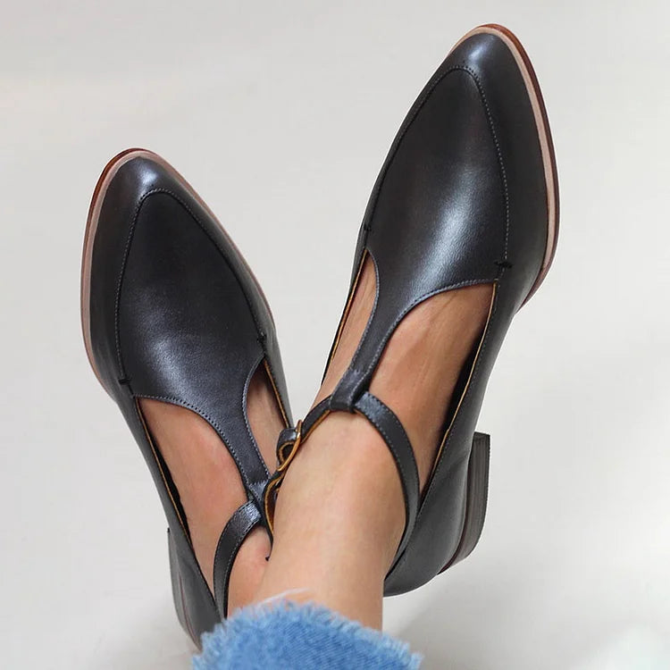 Matte Leather T-Strap Pointy Toe Retro Flats