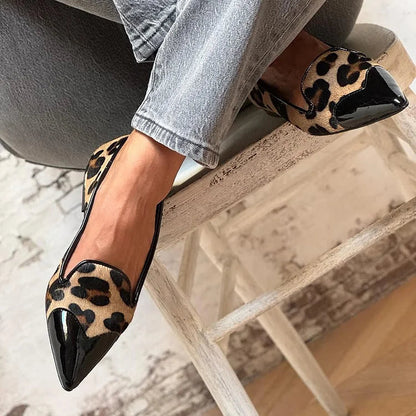 Leopard Print Patchwork Pointed Toe Khaki Flats