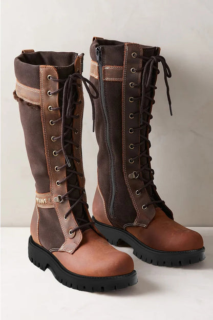 Round Toe Patchwork Lace Up Dark Brown Snow Boots [Pre Order]