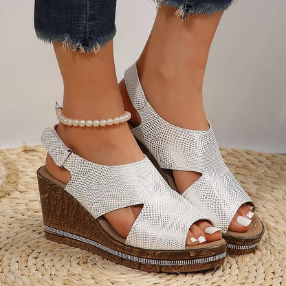 Snake Print Cut Out Peep Toe Slingback Strap Wedge Platform Sandals