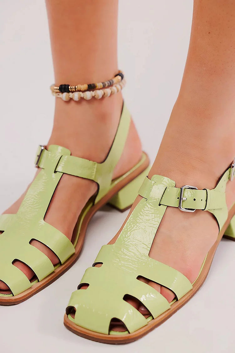 Hollow Out Ankle Strap Buckles Square Toe Green Flats [Pre Order]