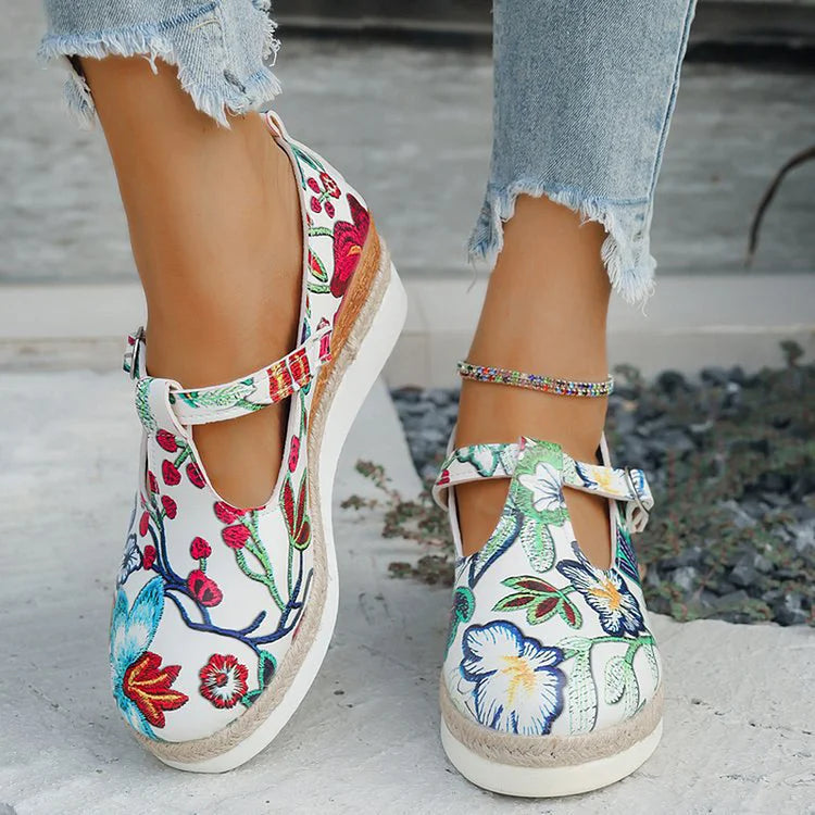 Floral Print Round Toe T-Strap Buckle Wedge Heel Sandals