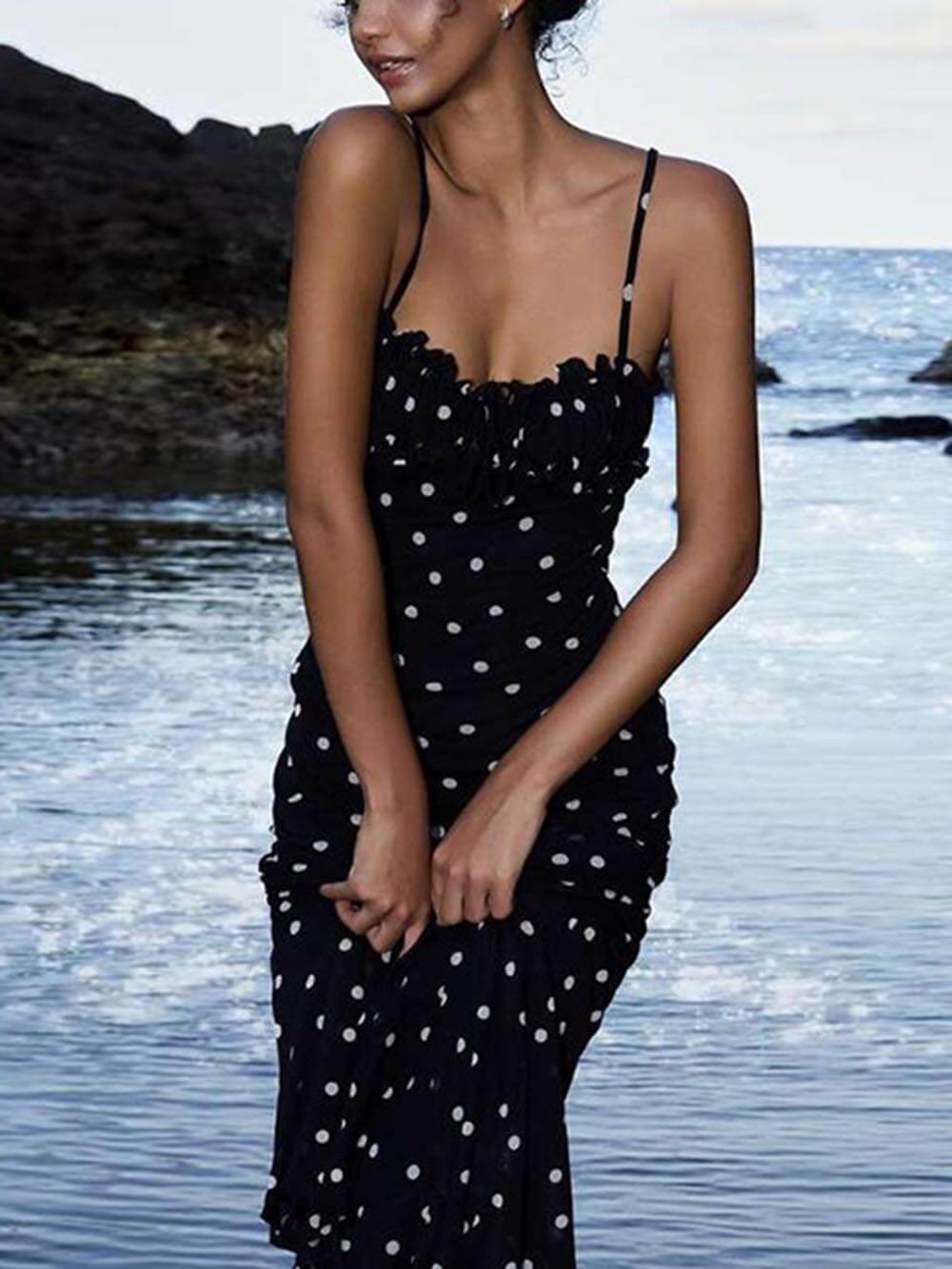 Elegant INS French Slim Backless Polka Dot Suspender Maxi Dress