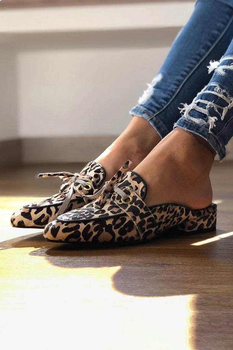 Tied Up Leopard Print Pointed Toe Khaki Mules [Pre Order]