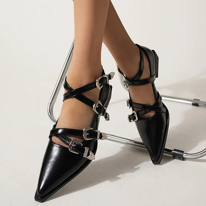 Gothic Sculpture Buckle Decor Pointy Toe Cross Strap Plain Sandals