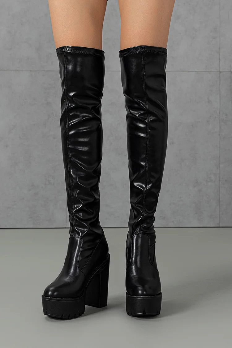 Round Toe Chunky Heel Solid Color Pull On Over The Knee Boots