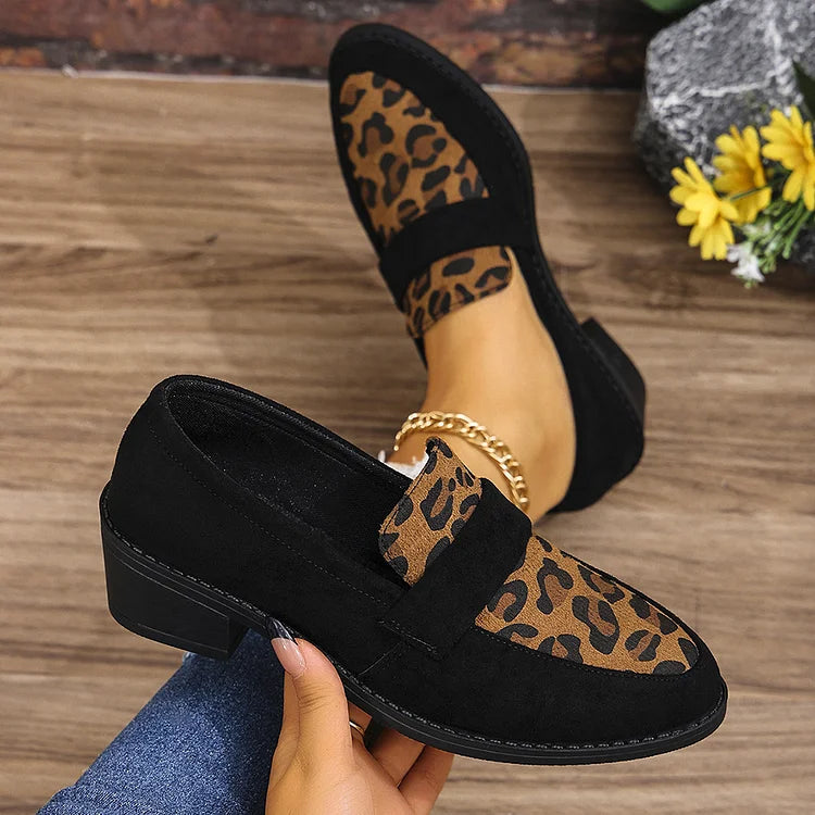 Patchwork Leopard Print Pointed Toe Chunky Heel Loafers