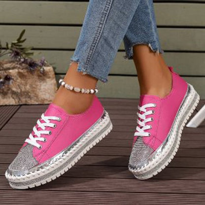 Rhinestone Decor Stitch Detail Round Toe Lace Up Sneakers