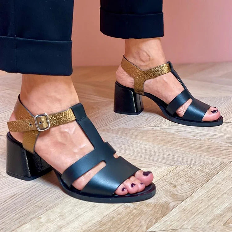 Metallic Sheen Patchwork Cut Out Ankle Strap Black Chunky Heels [Pre Order]