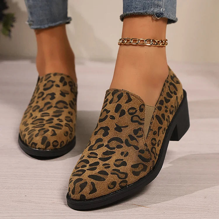 Leopard Print Round Toe Chunky Heel Casual Loafers