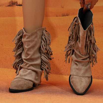 Fringed Trim Solid Color Fold Pointed Toe Chunky Heel Mid Boots