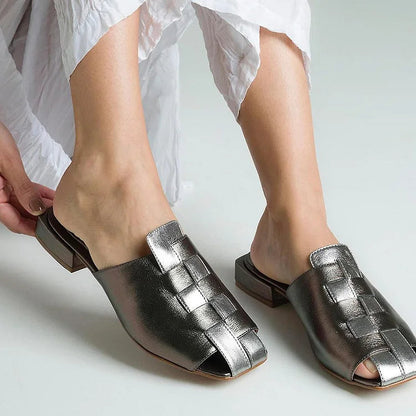 Metallic Sheen Woven Square Toe Silver Mules [Pre Order]