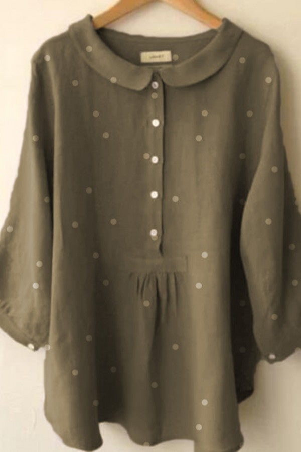 Polka Dot Print Collared Long Sleeves Blouse