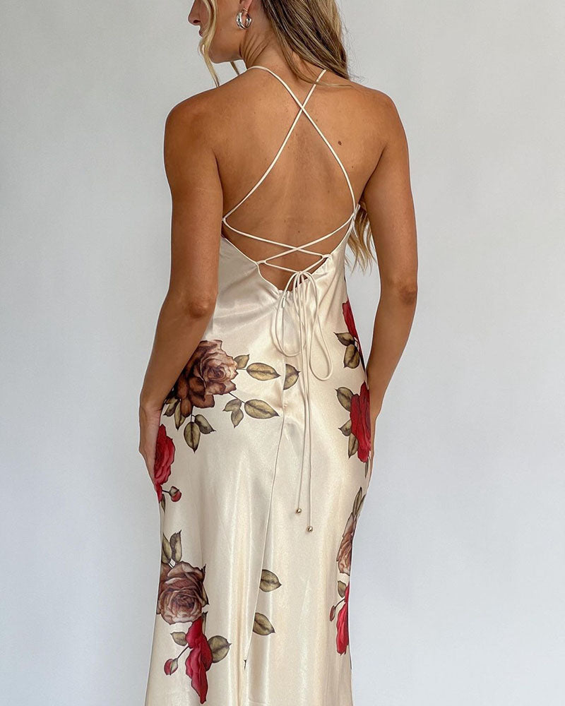 Vacation backless strappy printed dress
