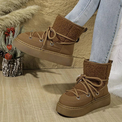 Patchwork Round Toe Lace Up Low Platform Snow Boots