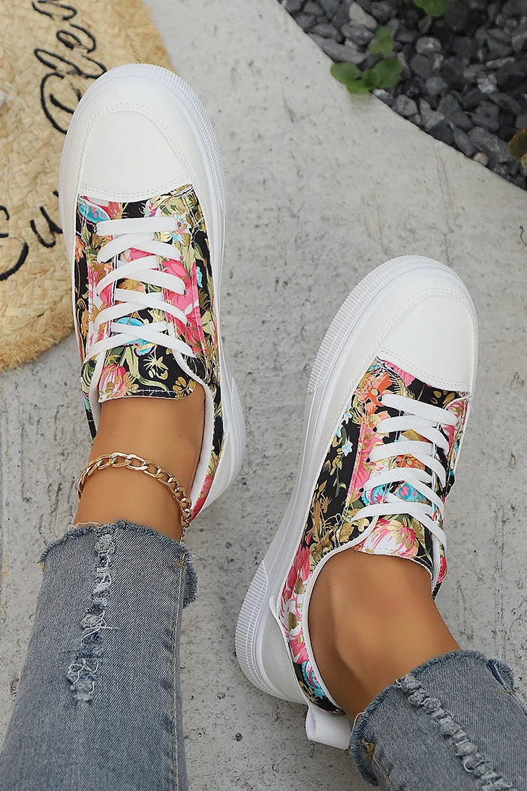 Multicolor Floral Print Patchwork Round Toe Lace Up Sneakers