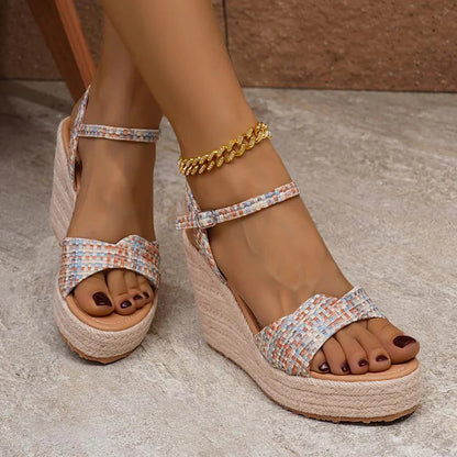 Plaid Print Ankle Strap Buckle Peep Toe Platform Espadrille Wedge Sandals