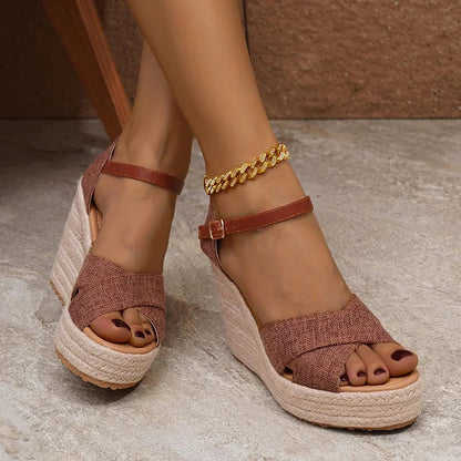 Peep Toe Cross Belt Ankle Strap Slingback Platform Espadrille Wedge Sandals