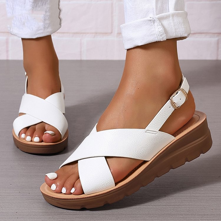 Cross Belt Slingback Strap Buckle Peep Toe Wedge Sandals