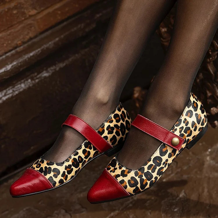 Leopard Print Patchwork Instep Strap Pointy Toe Red Flats [Pre Order]