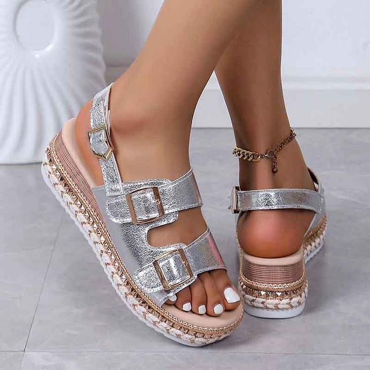 Metallic Sheen Slingback Strap Studded Buckles Platform Sandals