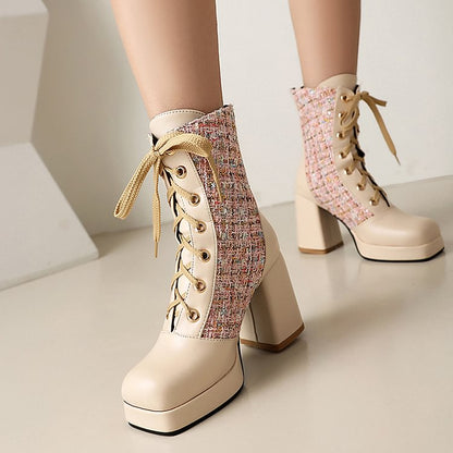 Patchwork Square Toe Chunky Heel Lace Up Mid Calf Boots