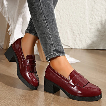 Patchwork Fringed Trim Round Toe Chunky Heel Loafers